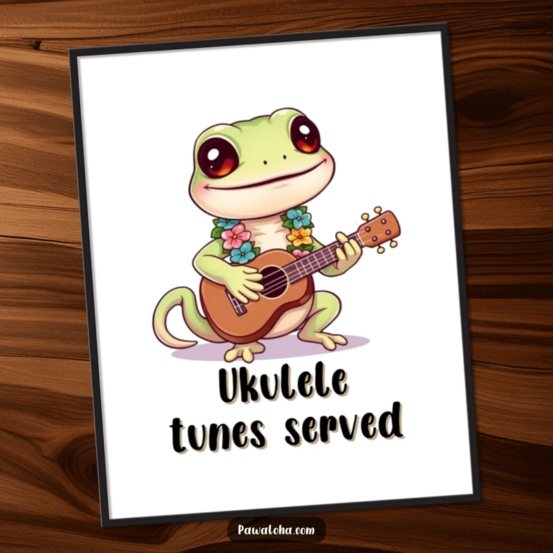 Funny Gecko Poster of a smiling gecko playing a ukulele, humorous wall art.