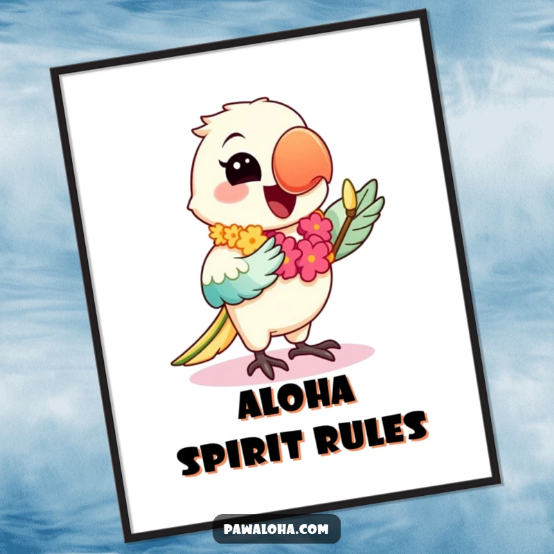 Funny poster showcasing a happy kawaii parrot character wearing a lei and dancing the hula, a vibrant tropical art piece.