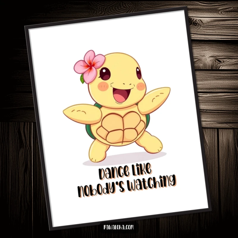 Funny poster art of a happy sea turtle with a flower behind its ear, joyfully performing a hula dance.