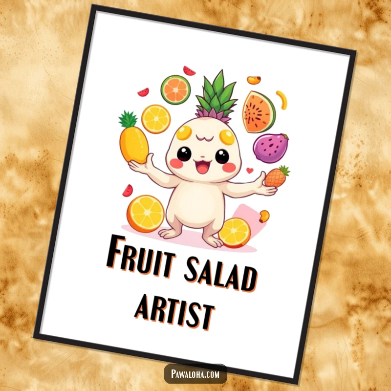 Funny creature juggling bright tropical fruits with cheerful energy on a poster. Captures lively action and vibrant color.