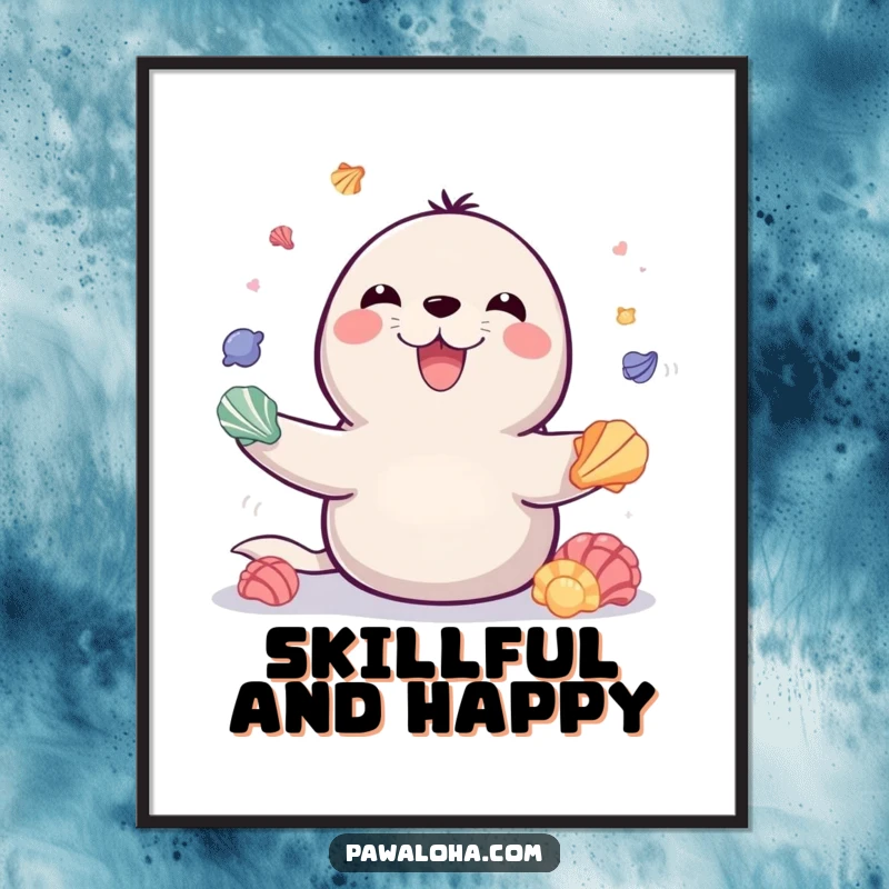 Funny poster art of a playful seal with a big smile, juggling colorful seashells with impressive dexterity, adding cheerful marine charm.