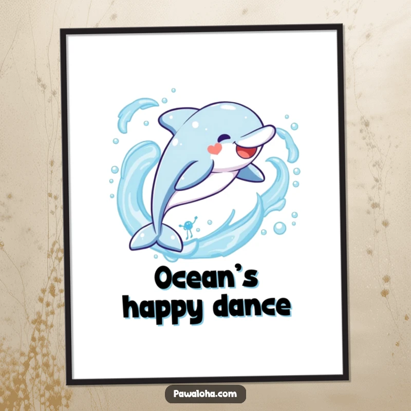 Funny Kawaii dolphin poster, a cute character leaping joyfully through stylized ocean waves, capturing pure aquatic happiness.