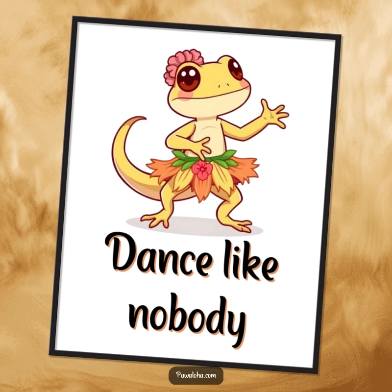 Funny Kawaii gecko character wearing a hula skirt, dancing gracefully, displayed as a colorful wall poster.