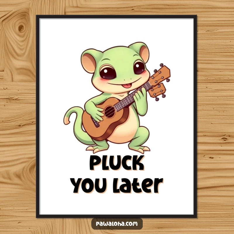 Funny Kawaii gecko playing a ukulele with great enthusiasm on a poster, ideal for music-themed decor.