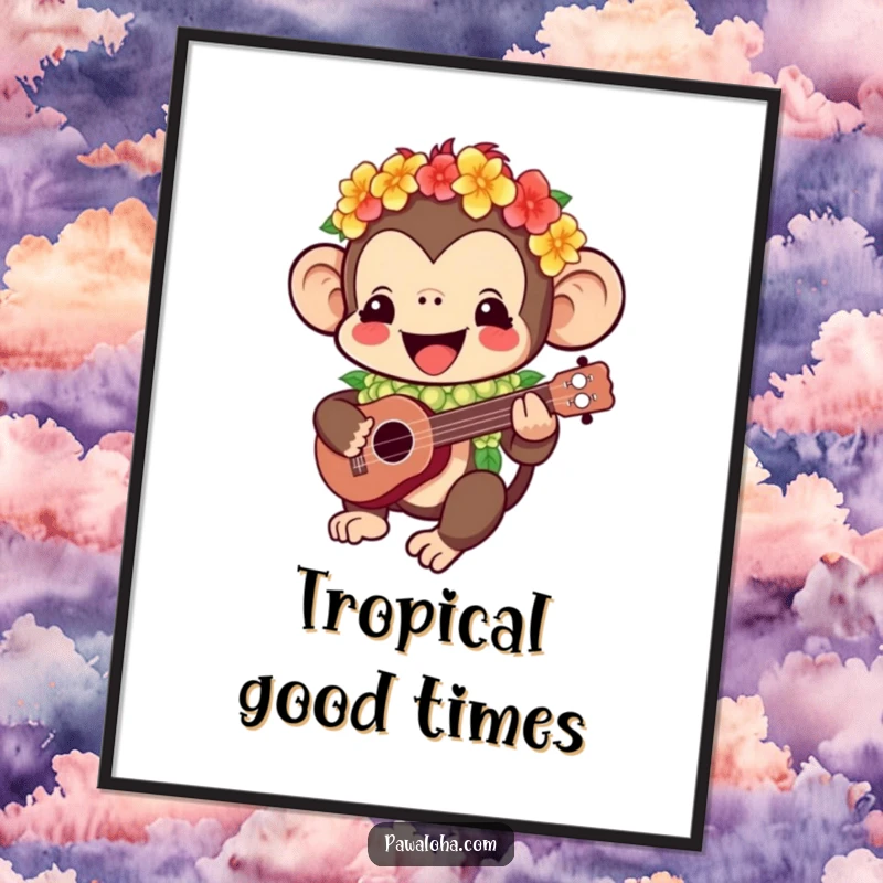 Funny Kawaii monkey poster depicting a cheerful character wearing a lei and playing a ukulele, providing whimsical and humorous tropical wall art.