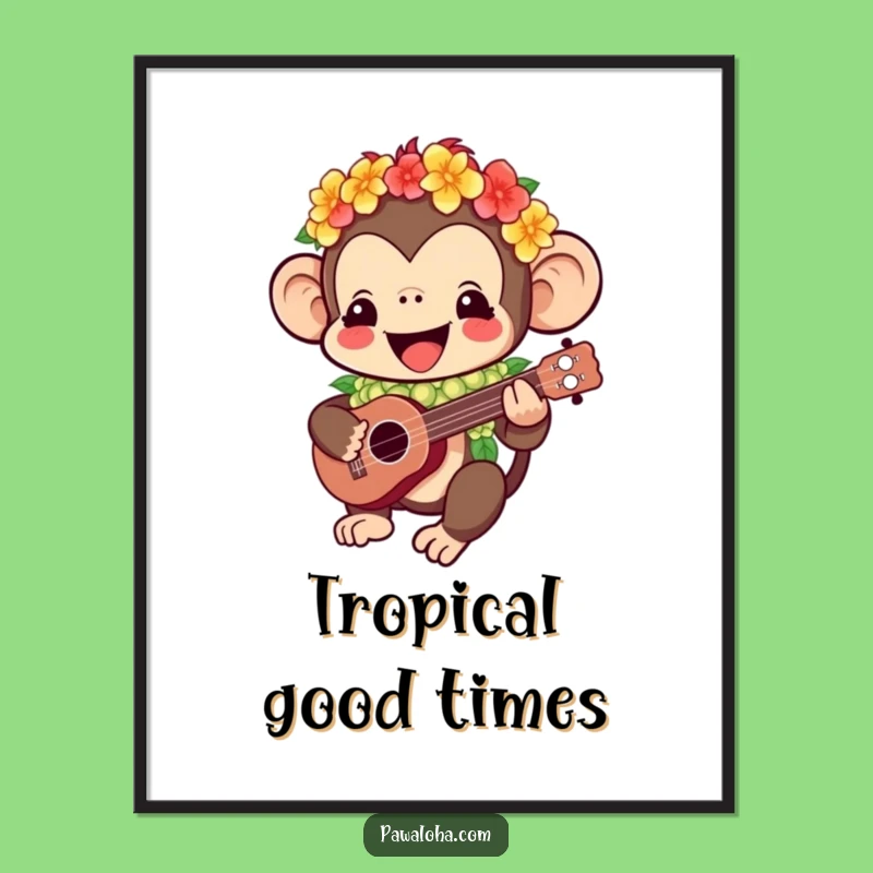 Funny Kawaii Monkey Poster: Ukulele Art, Humorous Tropical Decor Gift