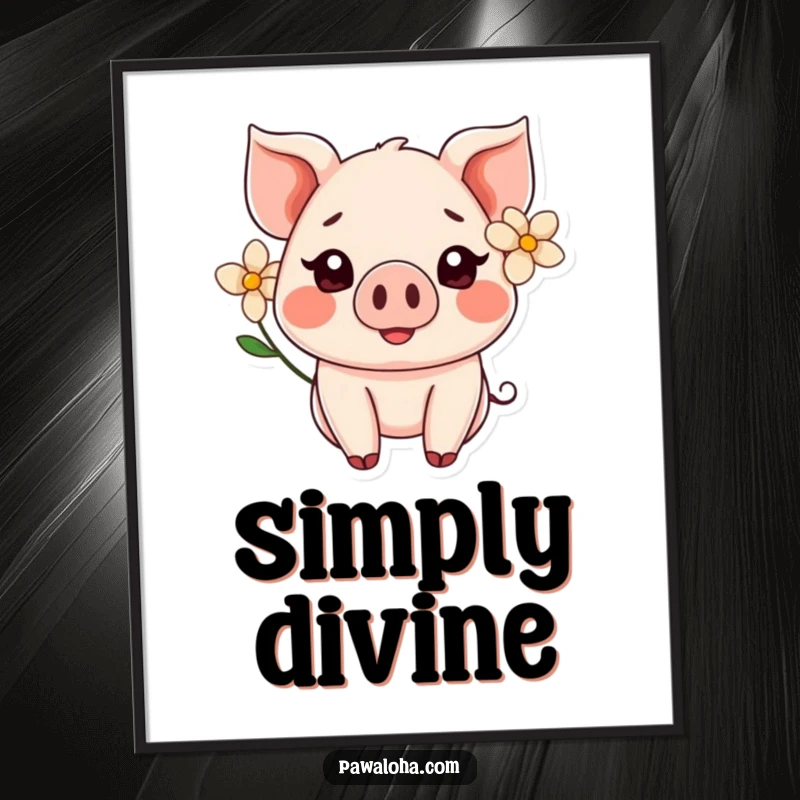 Funny Kawaii pig with a flower behind its ear, smiling sweetly on a poster, adding cute decor to any wall.
