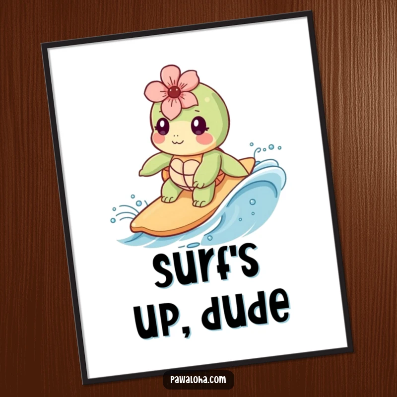 Funny Kawaii sea turtle character wearing a flower, happily surfing a gentle wave, displayed as a colorful wall poster.