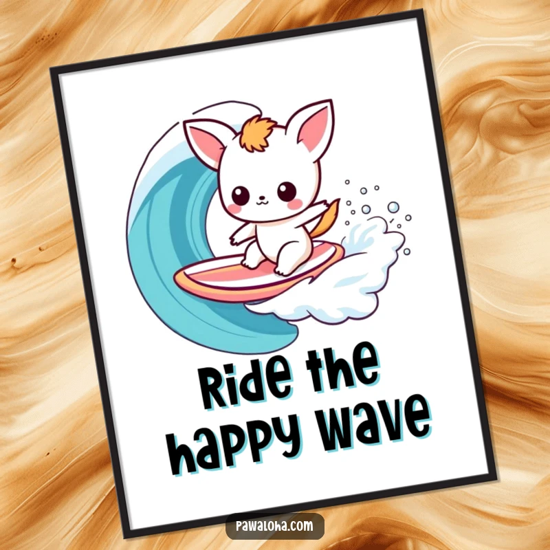 Funny Kawaii Surfer Animal Poster: Cute cartoon character surfing a surfboard through a bright rainbow wave, perfect for wall decor.