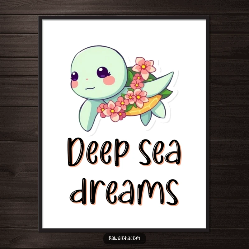 Funny Kawaii Turtle Poster: Adorable sea turtle swimming with a flower garland, a funny ocean-themed art print for wall decor.