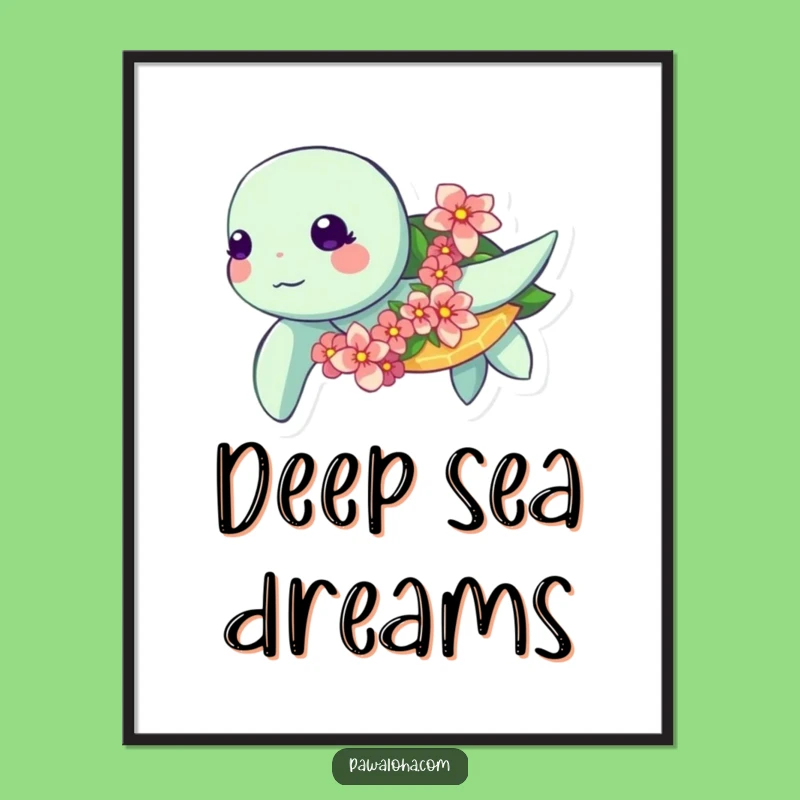 Funny Kawaii Turtle Poster: Ocean Flower Garland Art Print - Serene Gift