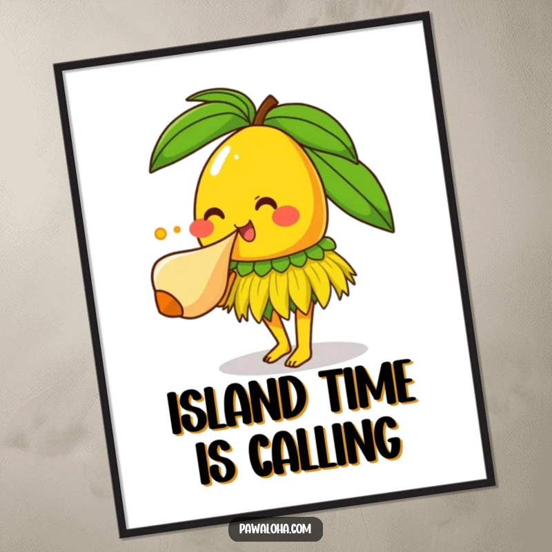 Funny smiling mango character in grass skirt blowing conch shell, vibrant tropical art for wall decor.