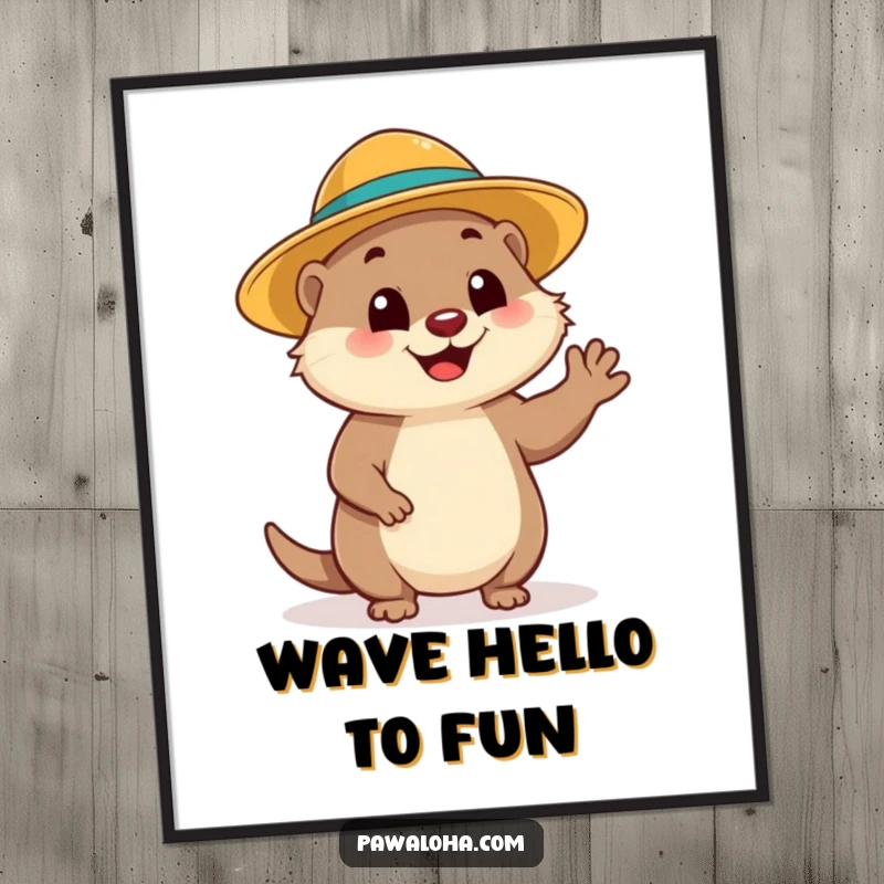 Funny Mongoose Wave Poster: A cheerful mongoose wearing a sun hat waves hello, creating a funny, sunny scene.