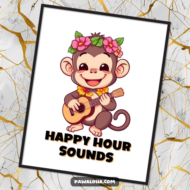 Funny poster art of a happy monkey in a lei playing a ukulele, exuding tropical joy.