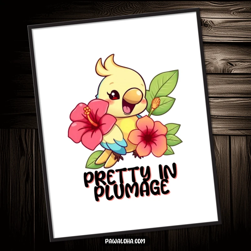 Funny poster art of a colorful parrot character squawking happily while holding a large, vibrant hibiscus flower.