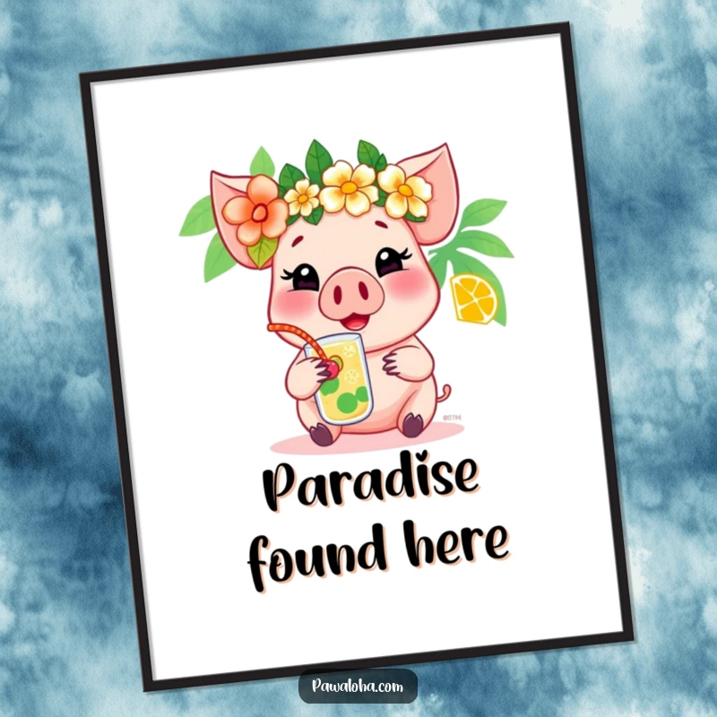 Funny pig poster showing a cheerful pig wearing a flower crown and sipping a tropical drink, perfect for adding vacation vibes.