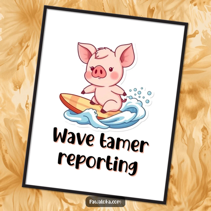 Funny piglet character poised to surf a gentle wave, a humorous and vibrant ocean-themed art print.