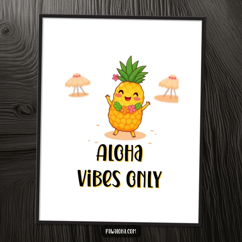Funny poster artwork of a joyful pineapple in a lei, dancing the hula on a sandy beach, radiating happiness and tropical energy.