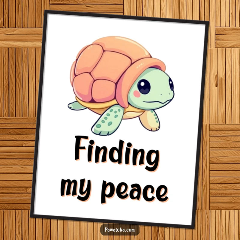 Funny sea turtle character curiously inspecting a colorful seashell on a poster, creating a peaceful and engaging ocean scene.