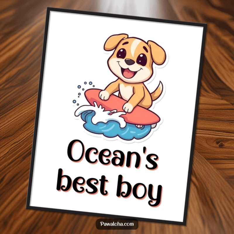 Funny surfing dog poster showcasing a character riding a wave with a big grin, conveying humorous beach enthusiasm. Great wall art gift.