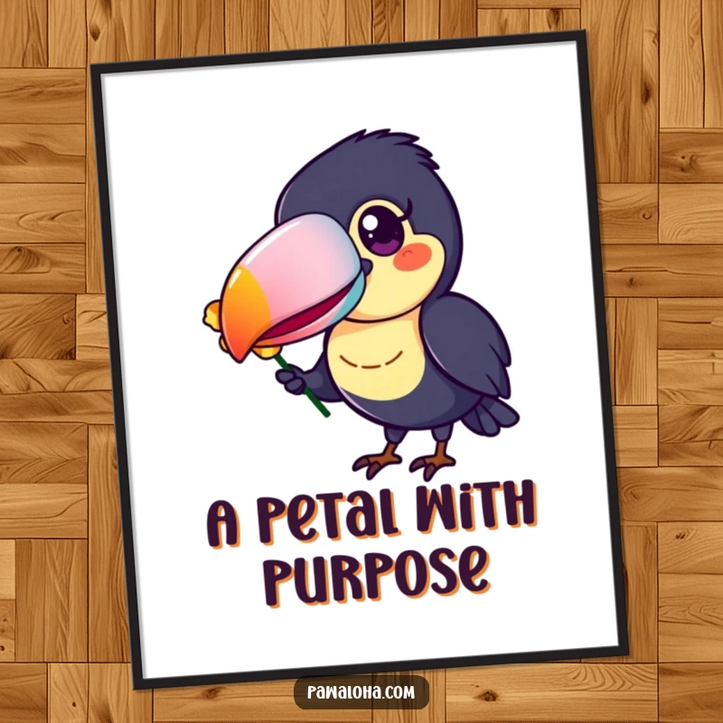 Funny Toucan Poster showcasing a cheerful toucan with a vivid, colorful beak, offering a delicate flower petal.