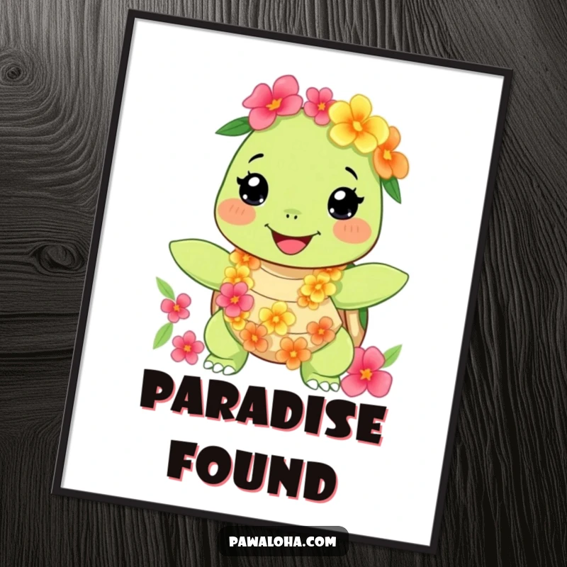 Funny turtle poster showcasing a happy character with a floral lei and necklace, conveying humorous tropical vibes. Great wall art gift.