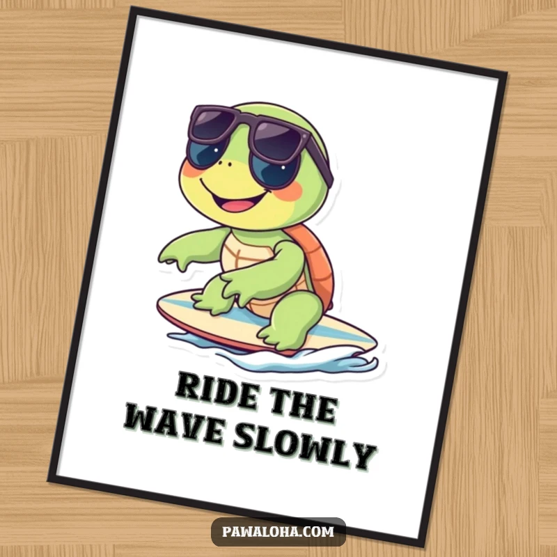 Funny smiling turtle with sunglasses, riding a surfboard on a poster, radiating beachy cool vibes.
