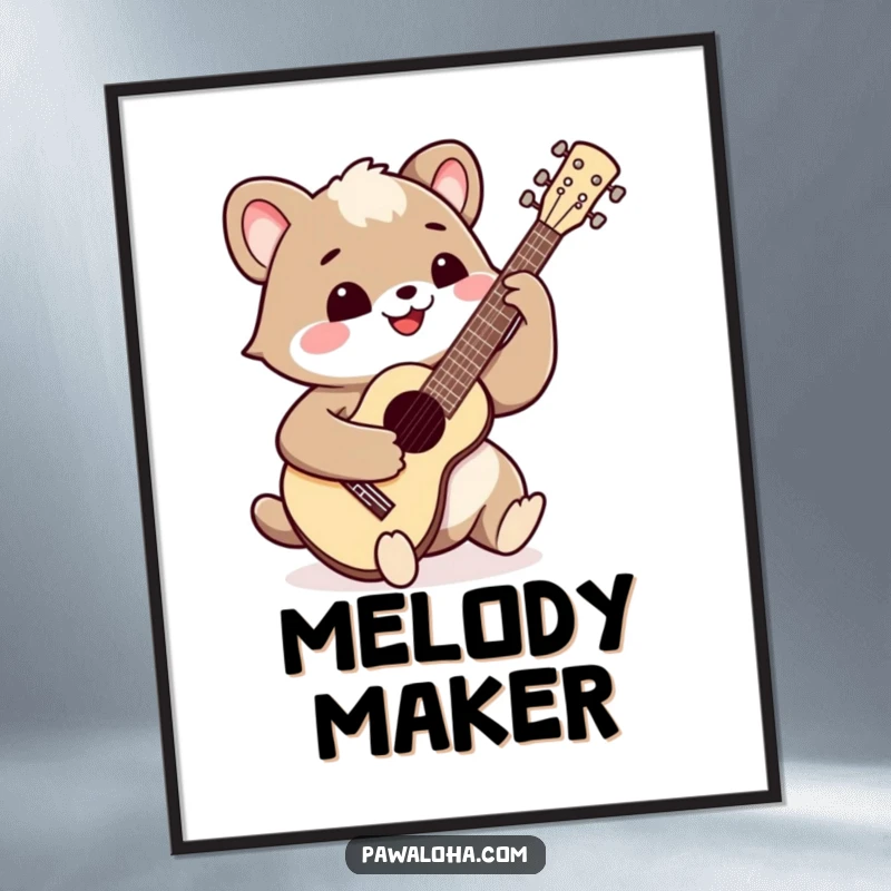 Funny happy animal playing a ukulele with a wide smile on a poster. Captures a moment of pure musical joy.