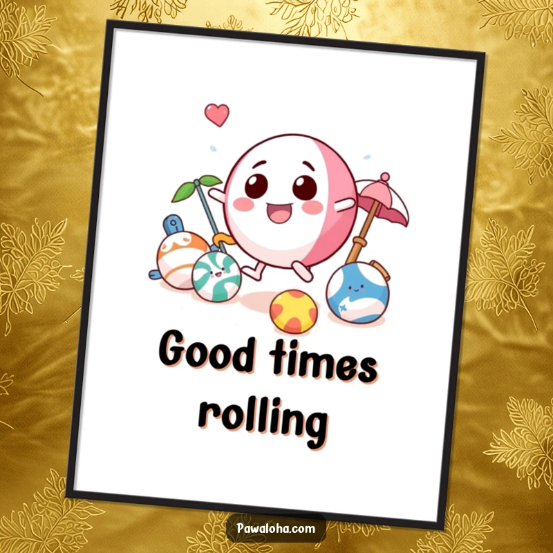 Funny beach ball poster print featuring a playful character bouncing with various beach toys, evoking a lively summer atmosphere.