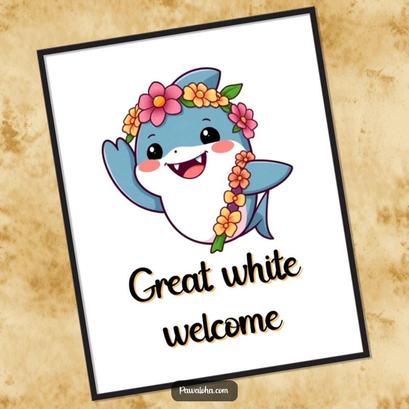 Funny shark poster showing a friendly shark wearing a lei and waving cheerfully, perfect for adding tropical ocean vibes.