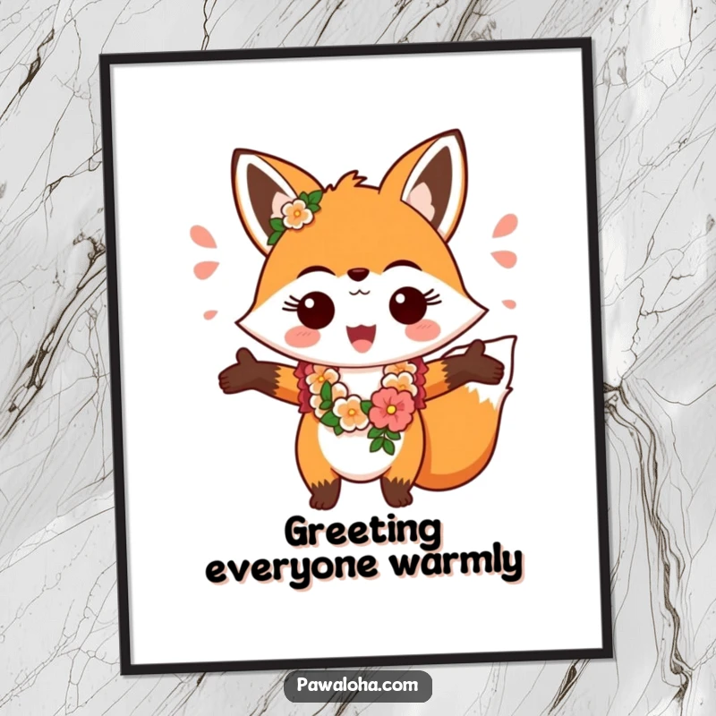 Funny fox character wearing a lei, offering a cheerful and open-armed greeting, a humorous art print.