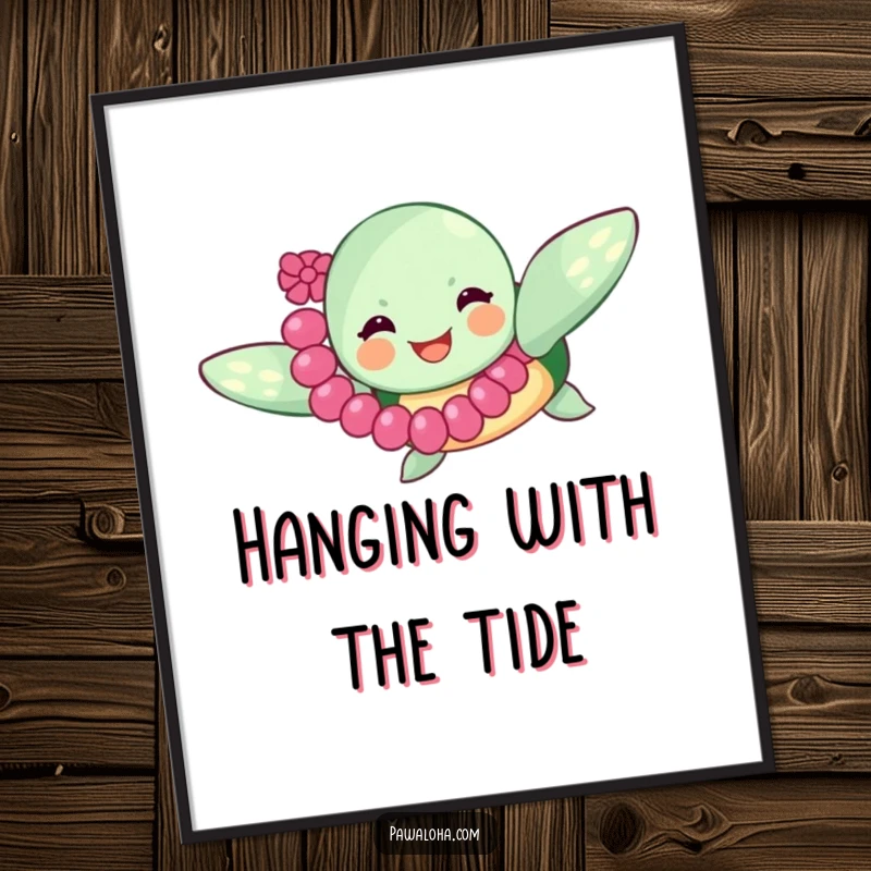 Funny sea turtle with a lei swimming joyfully, depicted in a colorful poster, adding a cheerful and oceanic vibe to wall art collections.