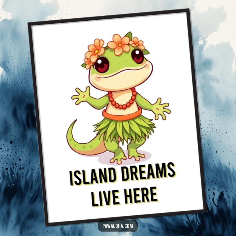 Funny Hula Gecko Poster of a gecko in a grass skirt and flower crown, energetically dancing the hula.