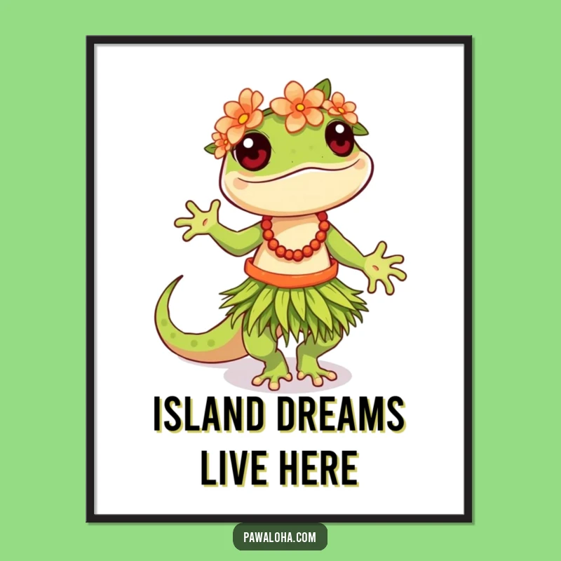 Funny Hula Gecko Poster: Lively Tropical Wall Art for Fun Spaces