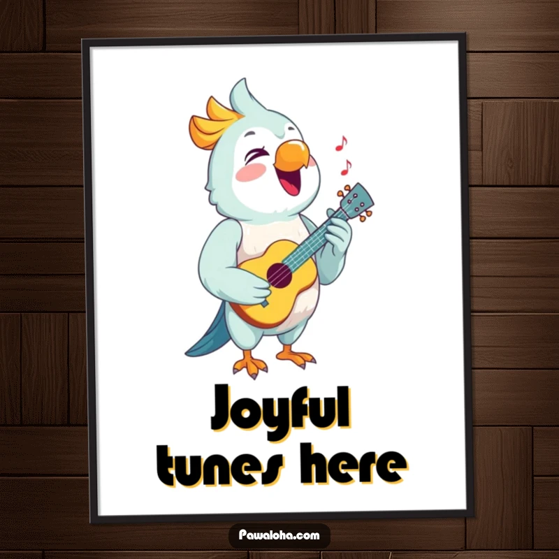 Funny Parrot Poster of a parrot joyfully singing while holding a tiny ukulele, spreading musical cheer.