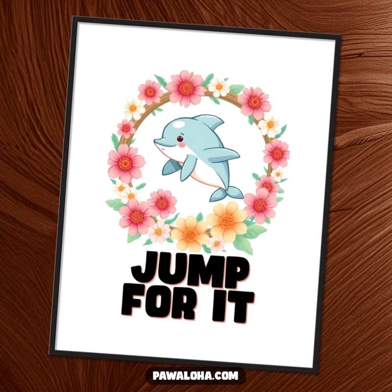 Funny Kawaii dolphin character leaping joyfully through a hoop of flowers, displayed as a colorful wall poster.