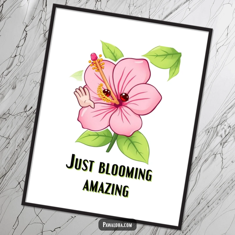 Funny hibiscus flower poster print of a cute character adorably waving hello with its petals, perfect for vibrant and cheerful wall art.