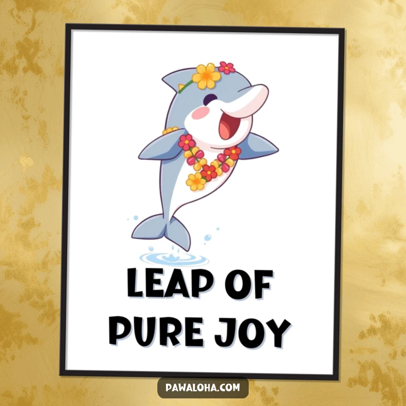 Funny Dolphin Poster: A cute dolphin wearing a colorful lei leaps energetically from sparkling blue water, a funny celebration of ocean life.