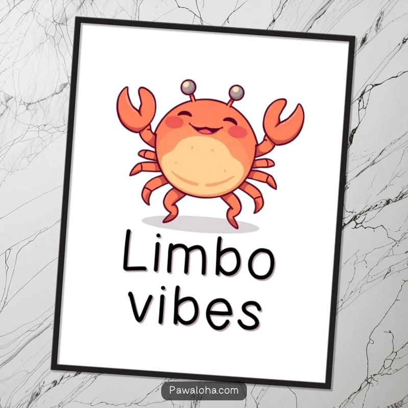 Funny poster of a crab doing a limbo dance, adding vibrant beach party humor and a lively atmosphere to wall decor.