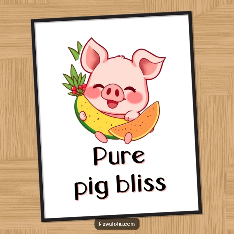 Funny poster art of a happy pig character beaming with joy while eating a luscious tropical fruit, vibrant and cheerful.