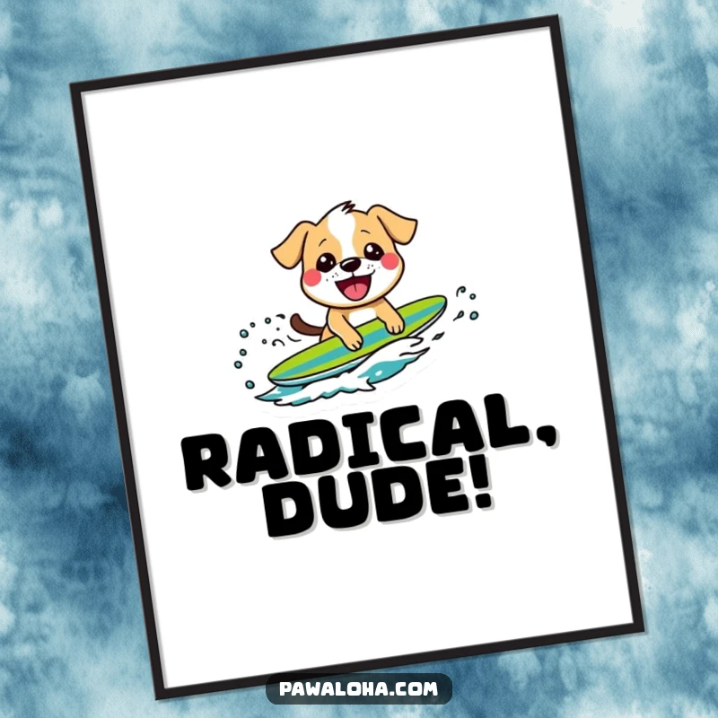 Funny poster featuring a grinning dog character riding a wave, a dynamic and humorous piece of surf-themed art.