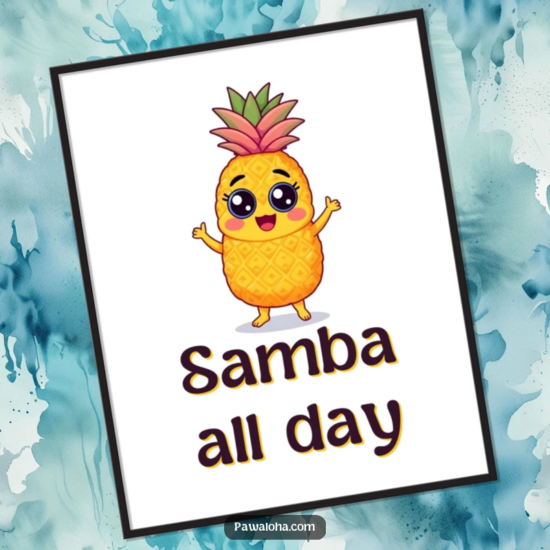 Funny pineapple poster character with googly eyes, performing a lively samba, full of color and tropical cheer.