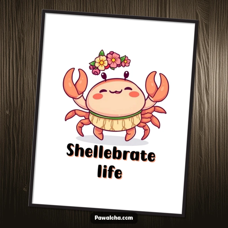 Funny Kawaii Crab Poster: Adorable crab doing a joyful hula dance with its claws, a funny beach-themed art print.