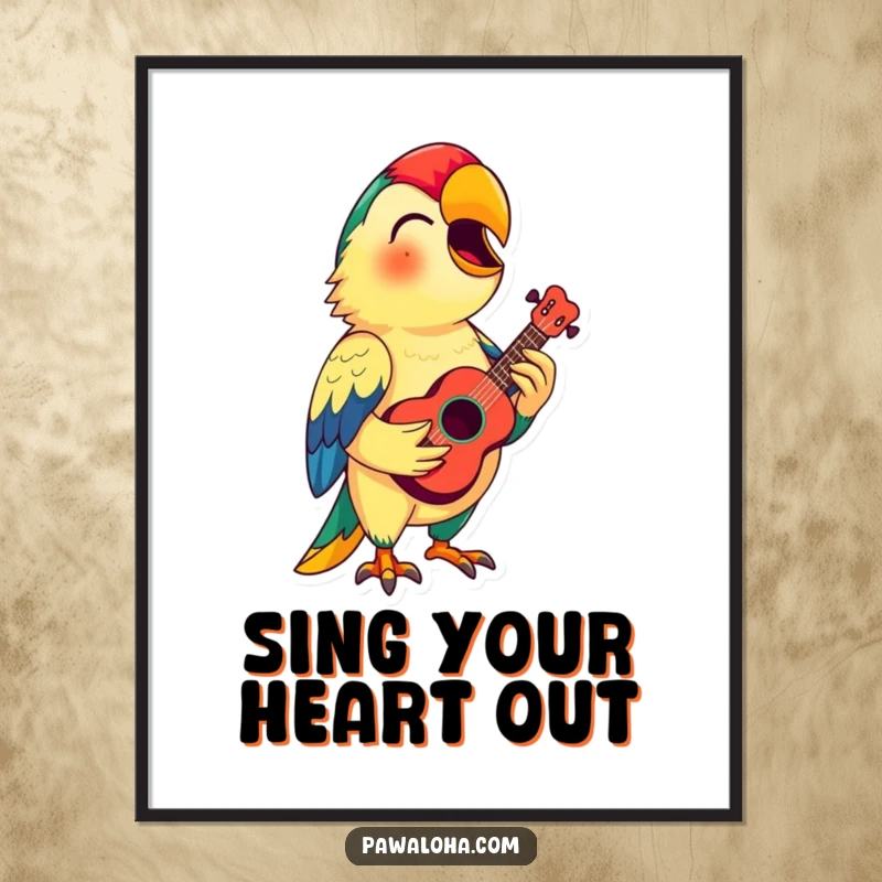 Funny Parrot Ukulele Poster: A colorful parrot sings with a tiny ukulele, creating a funny, tropical musical scene.