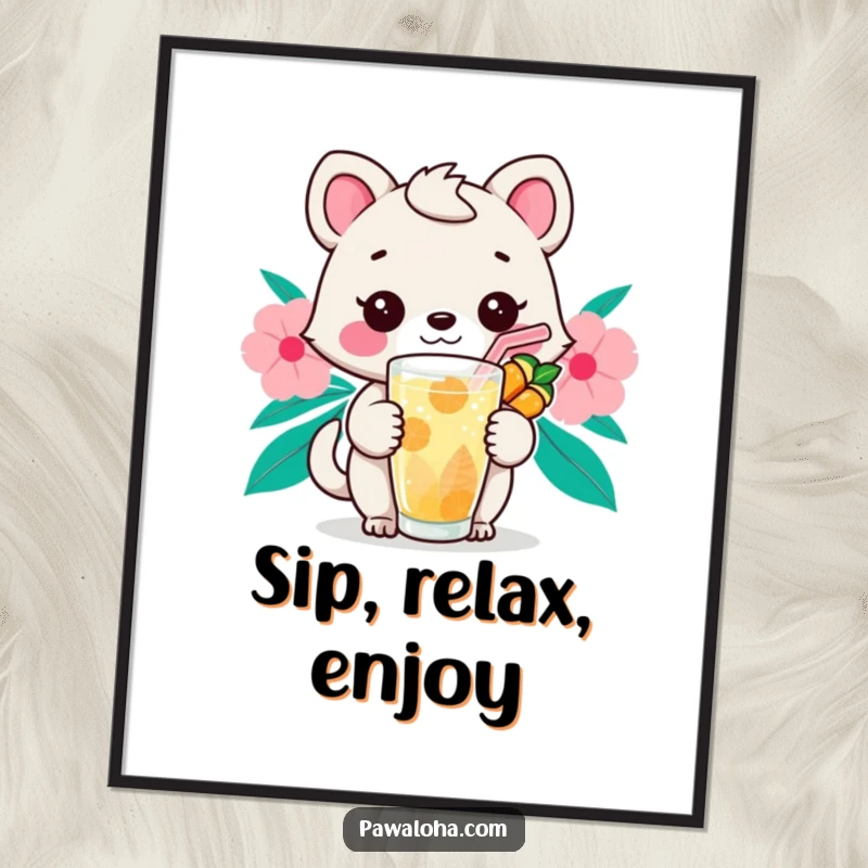 Funny Kawaii Sip Animal Poster: Cute cartoon character holding a tropical drink with a straw, perfect for relaxed wall decor.