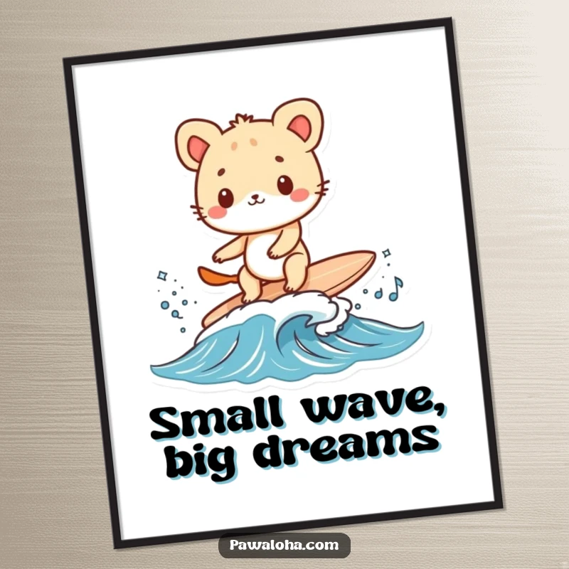 Funny animal character masterfully surfing a tiny wave on a small surfboard on a poster. Captures a moment of beach exhilaration.