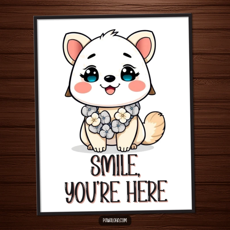 Funny Kawaii Aloha Animal Poster: Adorable cartoon character with a colorful lei, smiling brightly, bringing tropical joy to any wall.