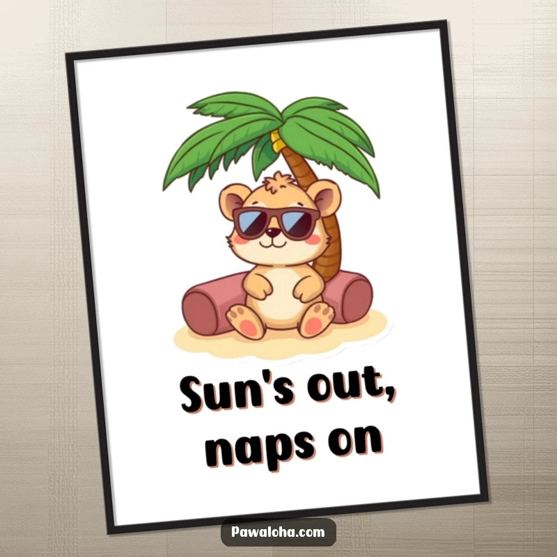 Funny animal wearing sunglasses, relaxing under a palm tree on a poster. Captures a serene and cool vacation atmosphere.