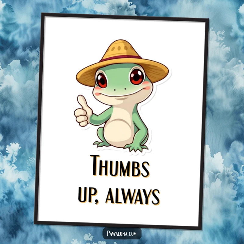 Funny gecko poster print of a smiling character wearing a tiny straw hat and giving a thumbs up, perfect for cheerful decor.