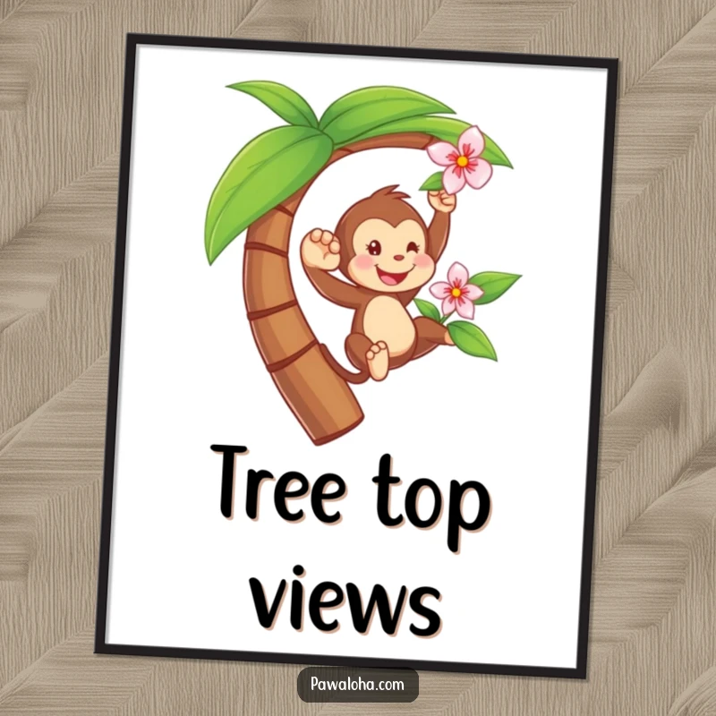 Funny poster featuring a playful monkey character swinging from a palm tree while holding a flower, a vibrant jungle illustration.